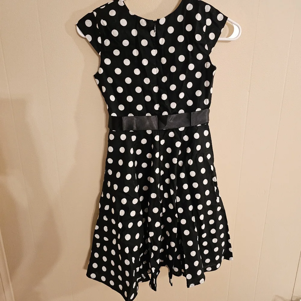 Black and White Polka Dot XL Girls Belted Swing Dress